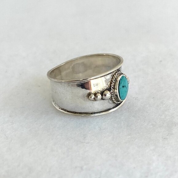Sterling Silver 925 Oval Bezel Set Turquoise Cabochon Cigar Band Ring Sz 6.75 - Picture 6 of 16